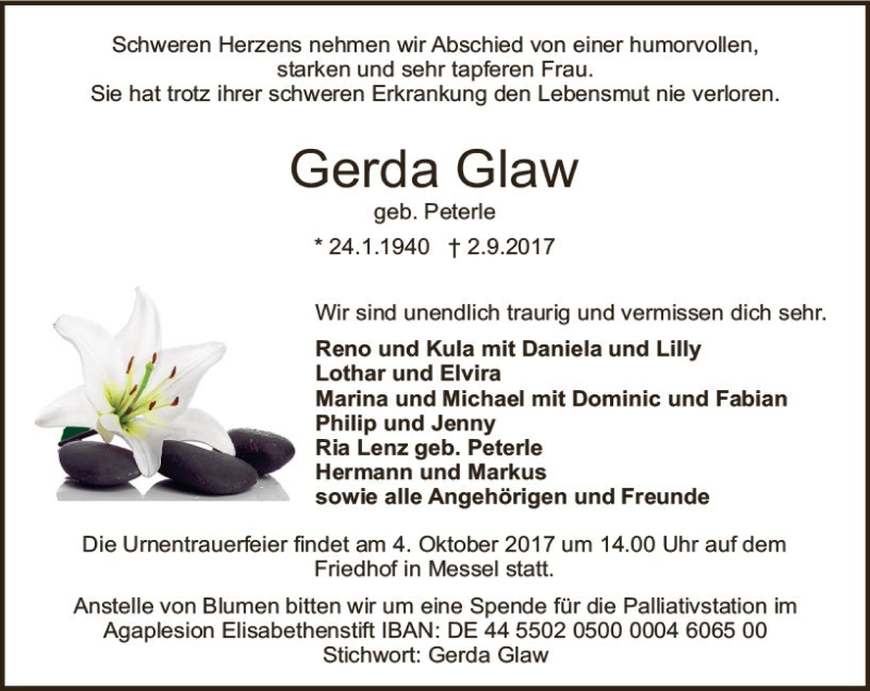  Traueranzeige für Gerda Glaw vom 30.09.2017 aus Trauerportal Echo Online