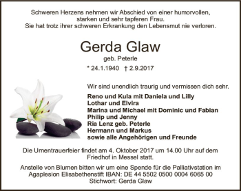 Traueranzeige von Gerda Glaw von Trauerportal Echo Online