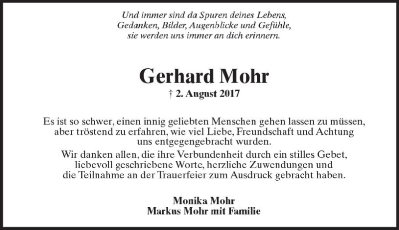  Traueranzeige für Gerhard Mohr vom 01.09.2017 aus Trauerportal Rhein Main Presse
