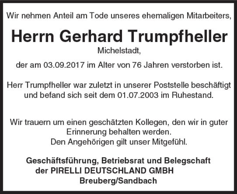  Traueranzeige für Gerhard Trumpfheller vom 21.09.2017 aus Trauerportal Echo Online