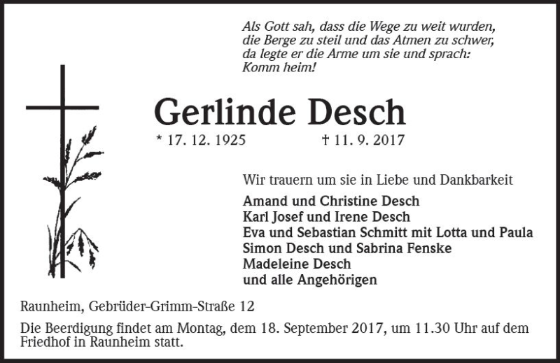  Traueranzeige für Gerlinde Desch vom 15.09.2017 aus Trauerportal Rhein Main Presse