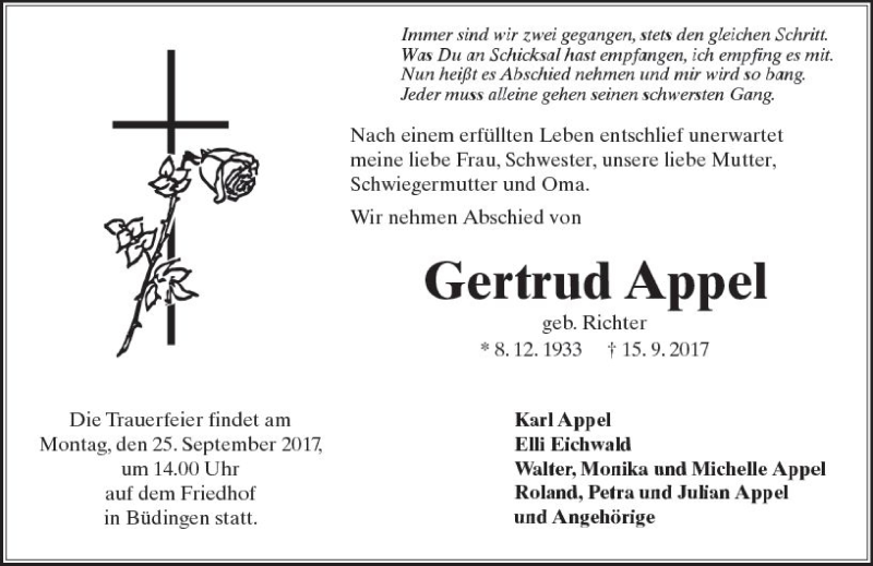  Traueranzeige für Gertrud Appel vom 21.09.2017 aus  Kreisanzeiger