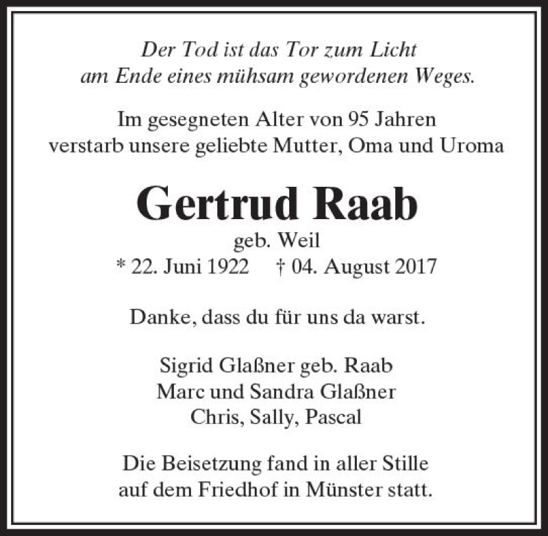  Traueranzeige für Gertrud Raab vom 07.09.2017 aus  Camberger Anzeiger