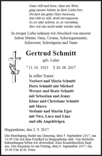 Traueranzeige von Gertrud Schmitt von Trauerportal Echo Online