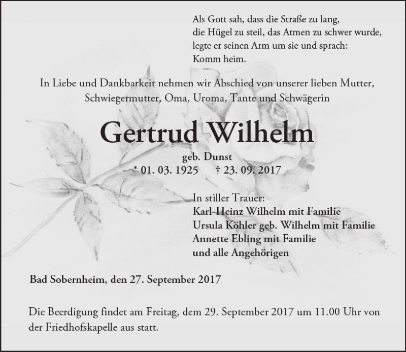  Traueranzeige für Gertrud Wilhelm vom 27.09.2017 aus Trauerportal Rhein Main Presse