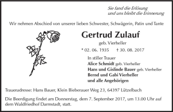 Traueranzeige von Gertrud Zulauf von Trauerportal Echo Online