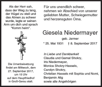 Traueranzeige von Giesela Niedermayer von Trauerportal Echo Online