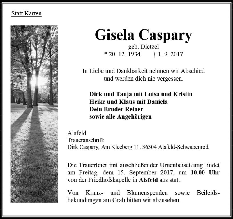  Traueranzeige für Gisela Caspary vom 09.09.2017 aus VRM Trauer