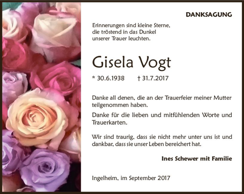  Traueranzeige für Gisela Vogt vom 02.09.2017 aus Trauerportal Rhein Main Presse