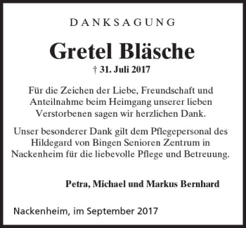 Traueranzeige von Gretel Bläsche von Trauerportal Rhein Main Presse