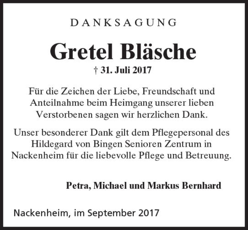  Traueranzeige für Gretel Bläsche vom 02.09.2017 aus Trauerportal Rhein Main Presse