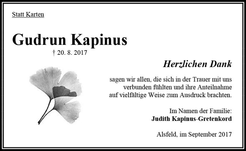  Traueranzeige für Gudrun Kapinus vom 30.09.2017 aus VRM Trauer