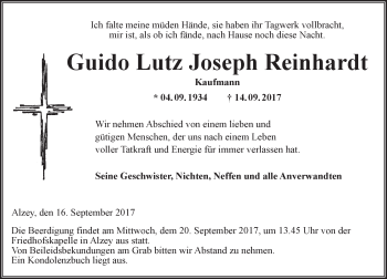 Traueranzeige von Guido Lutz Joseph Reinhardt von Trauerportal Rhein Main Presse