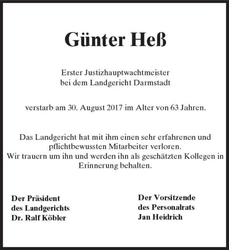  Traueranzeige für Günter Heß vom 09.09.2017 aus Trauerportal Echo Online