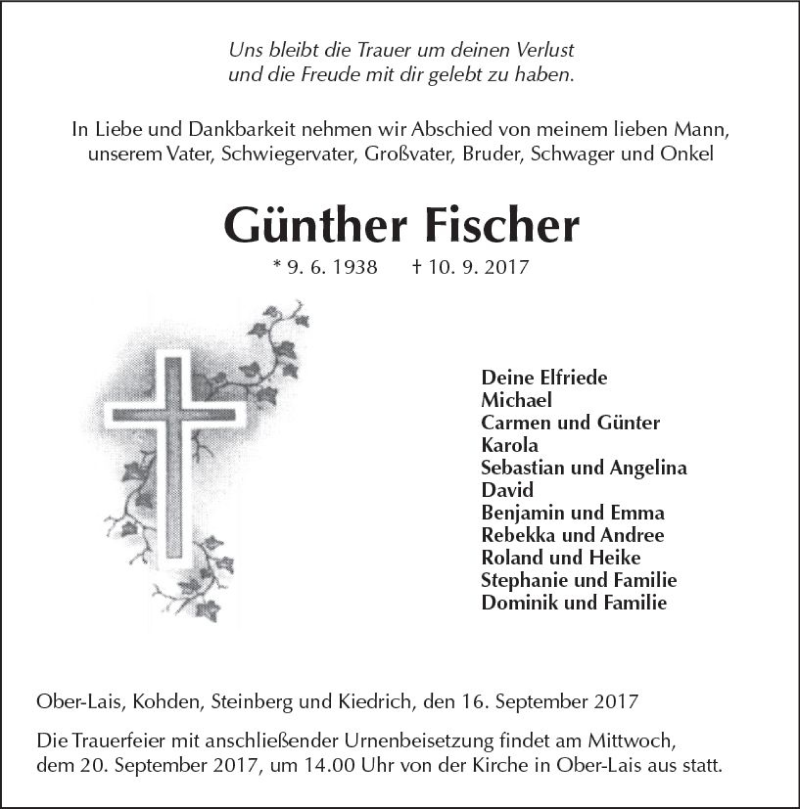  Traueranzeige für Günther Fischer vom 16.09.2017 aus  Kreisanzeiger