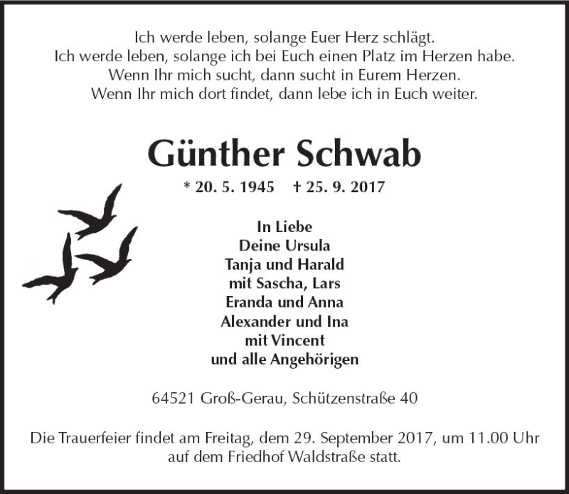  Traueranzeige für Günther Schwab vom 27.09.2017 aus Trauerportal Echo Online