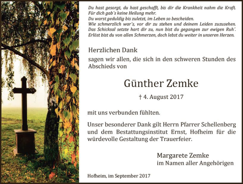  Traueranzeige für Günther Zemke vom 15.09.2017 aus Trauerportal Rhein Main Presse
