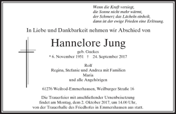 Traueranzeige von Hannelore Jung von  Usinger Anzeiger