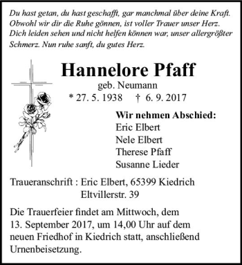 Traueranzeige von Hannelore Pfaff von Trauerportal Rhein Main Presse