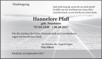 Traueranzeige von Hannelore Pfaff von Trauerportal Rhein Main Presse