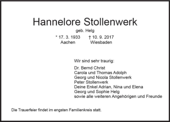 Traueranzeige von Hannelore Stollenwerk von Trauerportal Rhein Main Presse