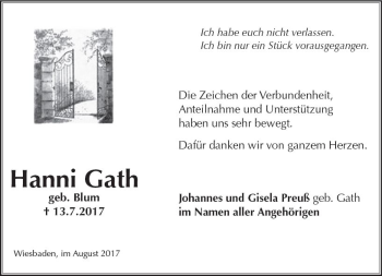 Traueranzeige von Hanni Gath von  Wiesbaden komplett