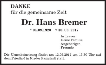 Traueranzeige von Hans Bremer von Trauerportal Rhein Main Presse