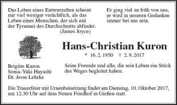 Traueranzeige von Hans-Christian Kuron von  Gießener Anzeiger