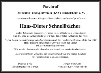 Traueranzeige von Hans-Dieter Schnellbächer von Trauerportal Echo Online