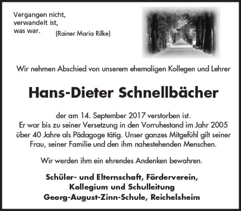  Traueranzeige für Hans-Dieter Schnellbächer vom 20.09.2017 aus Trauerportal Echo Online