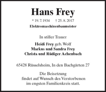 Traueranzeige von Hans Frey von Trauerportal Rhein Main Presse