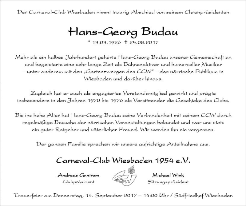  Traueranzeige für Hans-Georg Budau vom 02.09.2017 aus Trauerportal Rhein Main Presse