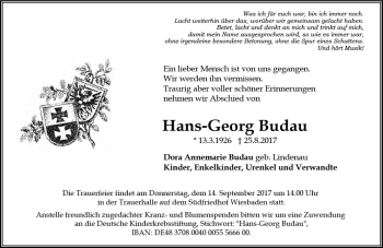 Traueranzeige von Hans-Georg Budau von Trauerportal Rhein Main Presse