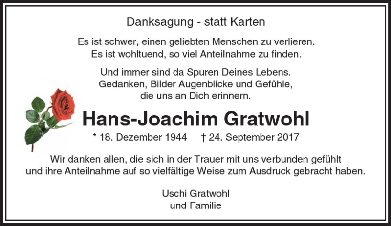  Traueranzeige für Hans-Joachim Gratwohl vom 16.09.2017 aus  Usinger Anzeiger