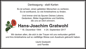 Traueranzeige von Hans-Joachim Gratwohl von  Usinger Anzeiger