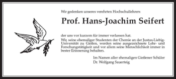 Traueranzeige von Hans-Joachim Seifert von  Gießener Anzeiger