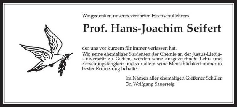  Traueranzeige für Hans-Joachim Seifert vom 23.09.2017 aus  Gießener Anzeiger