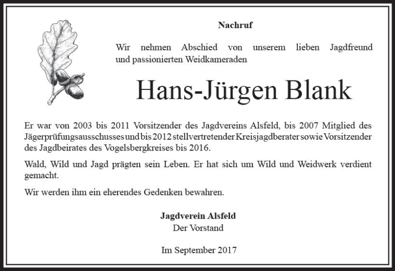  Traueranzeige für Hans-Jürgen Blank vom 13.09.2017 aus VRM Trauer