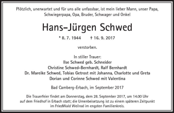 Traueranzeige von Hans-Jürgen Schwed von  Camberger Anzeiger