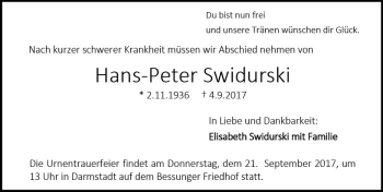 Traueranzeige von Hans-Peter Swidurski von Trauerportal Echo Online