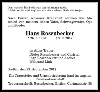 Traueranzeige von Hans Rosenbecker von  Gießener Anzeiger