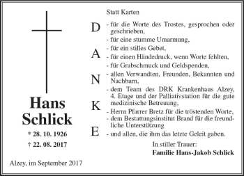 Traueranzeige von Hans Schlick von Trauerportal Rhein Main Presse