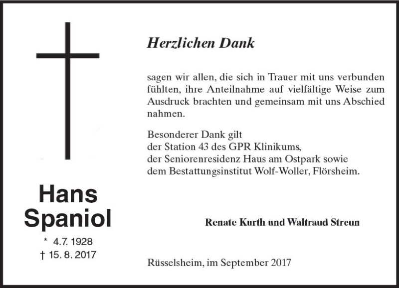  Traueranzeige für Hans Spaniol vom 09.09.2017 aus Trauerportal Rhein Main Presse