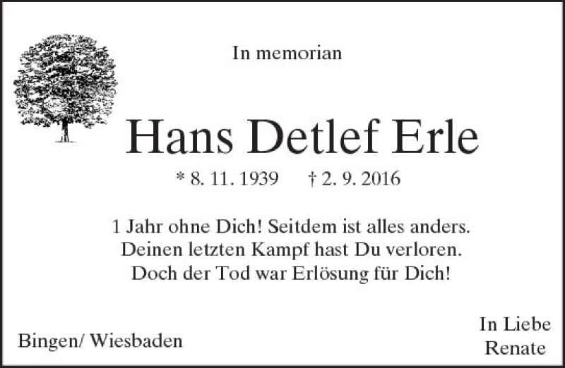  Traueranzeige für Hans Detlef Erle vom 02.09.2017 aus Trauerportal Rhein Main Presse