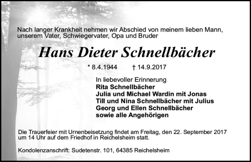  Traueranzeige für Hans Dieter Schnellbächer vom 20.09.2017 aus Trauerportal Echo Online