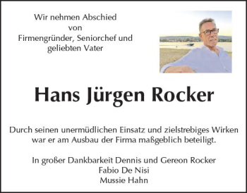 Traueranzeige von Hans Jürgen Rocker von Trauerportal Rhein Main Presse