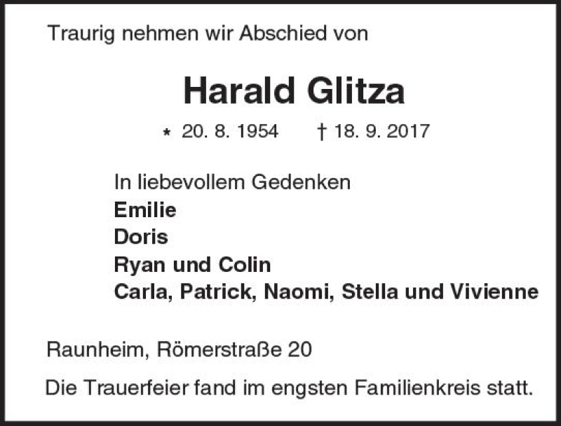  Traueranzeige für Harald Glitza vom 23.09.2017 aus Trauerportal Rhein Main Presse