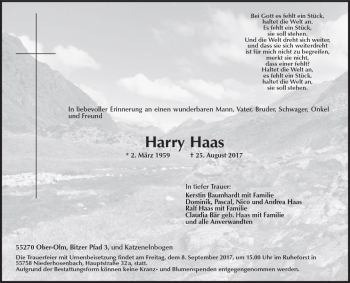 Traueranzeige von Harry Haas von Trauerportal Rhein Main Presse