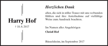 Traueranzeige von Harry Hof von Trauerportal Rhein Main Presse
