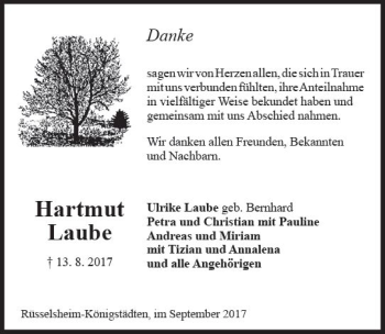 Traueranzeige von Hartmut Laube von Trauerportal Rhein Main Presse